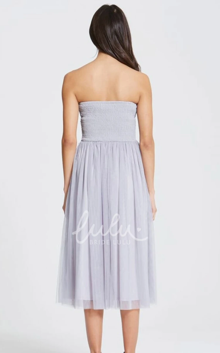 Strapless Tulle Bridesmaid Dress Tea-Length with Appliques and Pleats