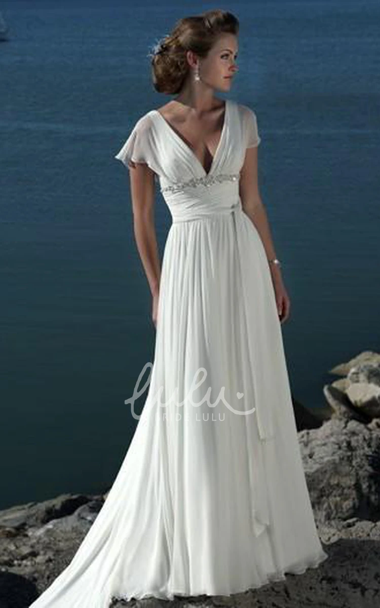 Chiffon Beach Wedding Dress With A-line Princess V-neck and Beading