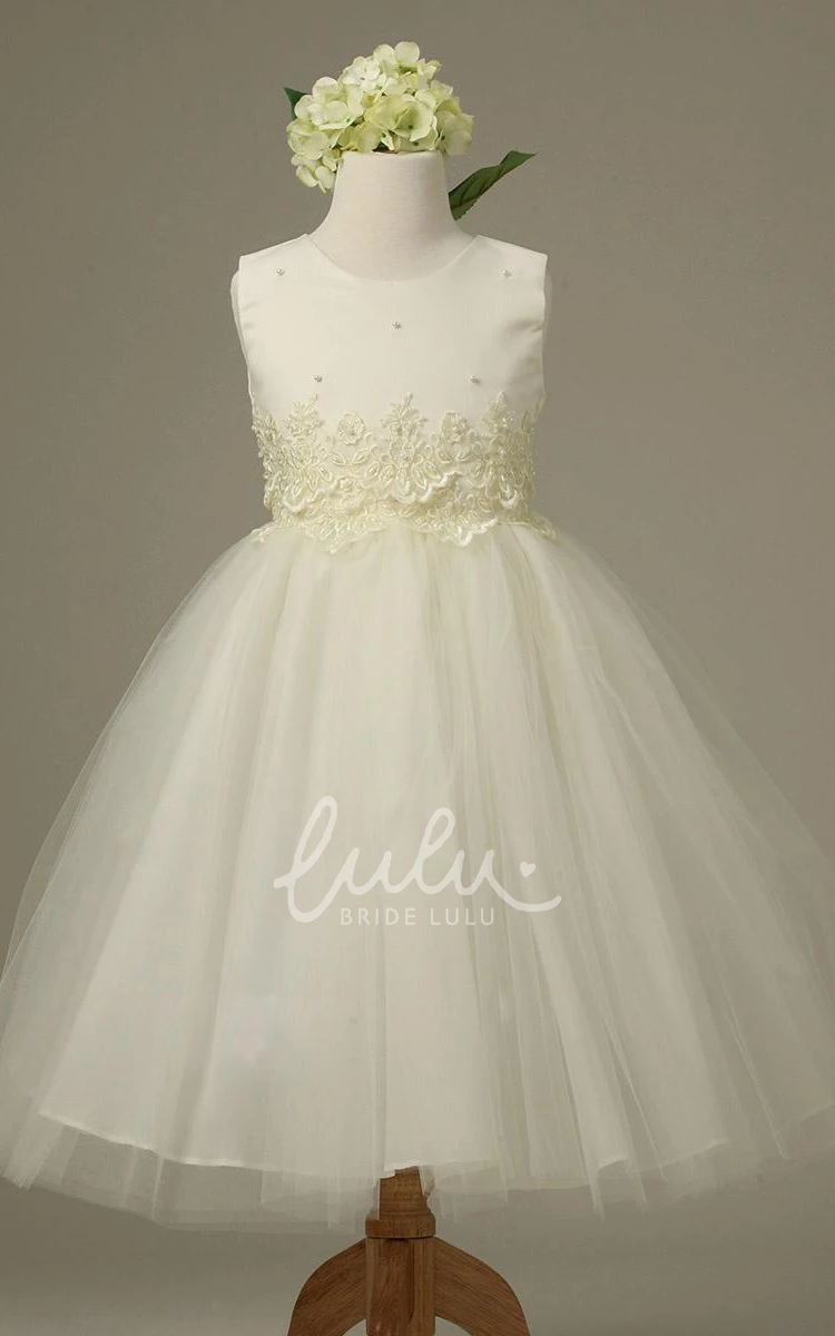 Tiered Lace Flower Girl Dress Tea-Length with Floral Print