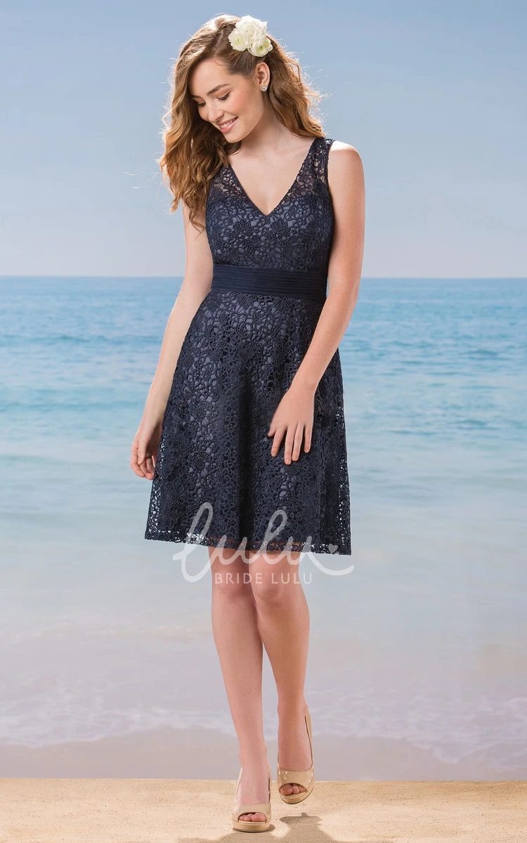 Short A-Line Lace Bridesmaid Dress with Illusion Back and V-Neck Unique Prom Dress