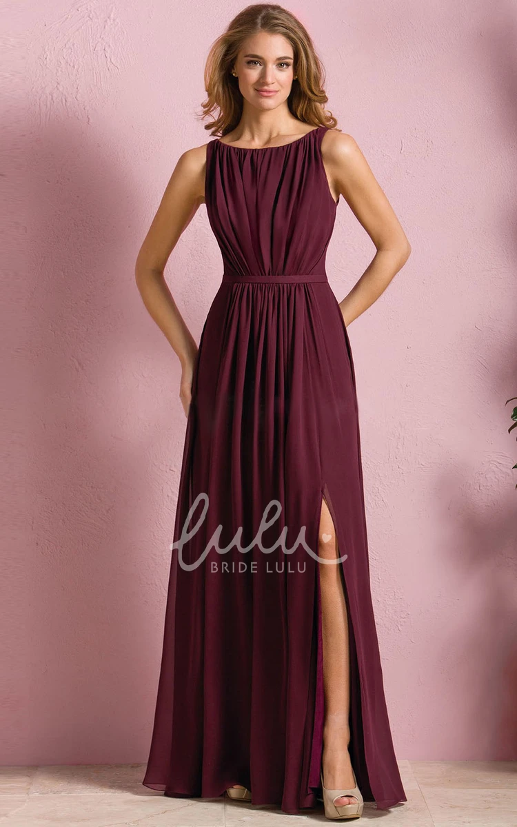 Bridesmaid Dress A-Line with Front Slit Pleats and Bateau-Neck Sleeveless