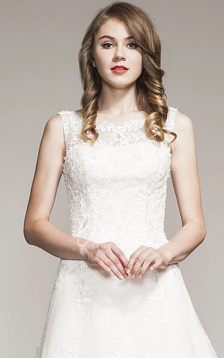 Lace Appliqued A-Line Wedding Dress with Bateau Neckline and Floor-Length