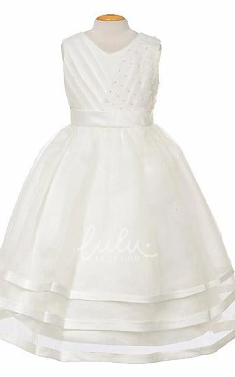 V-Neck Tea-Length Organza Flower Girl Dress with Ribbon and Pleats