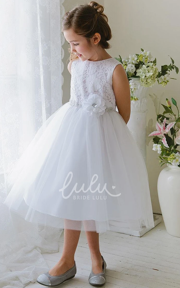 Tiered Tulle&Lace Tea-Length Flower Girl Dress with Floral Design Modern Wedding Dress