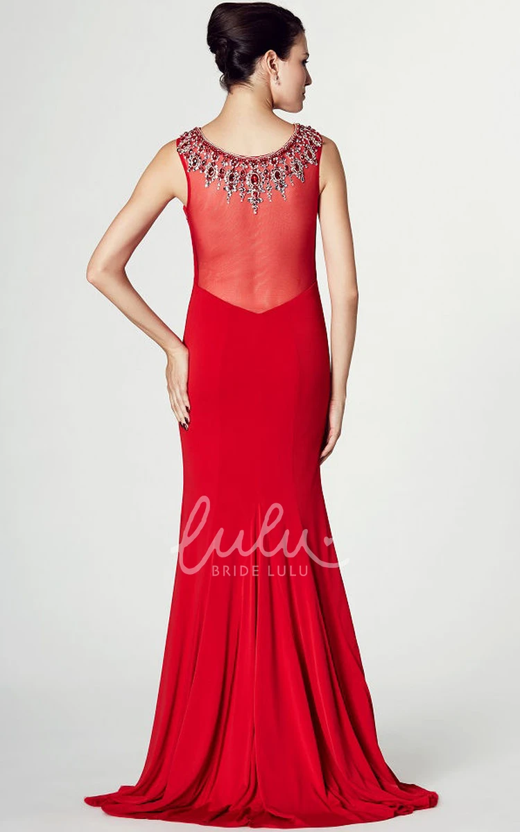 Jersey Prom Dress with Brush Train and Beaded Bateau Neckline