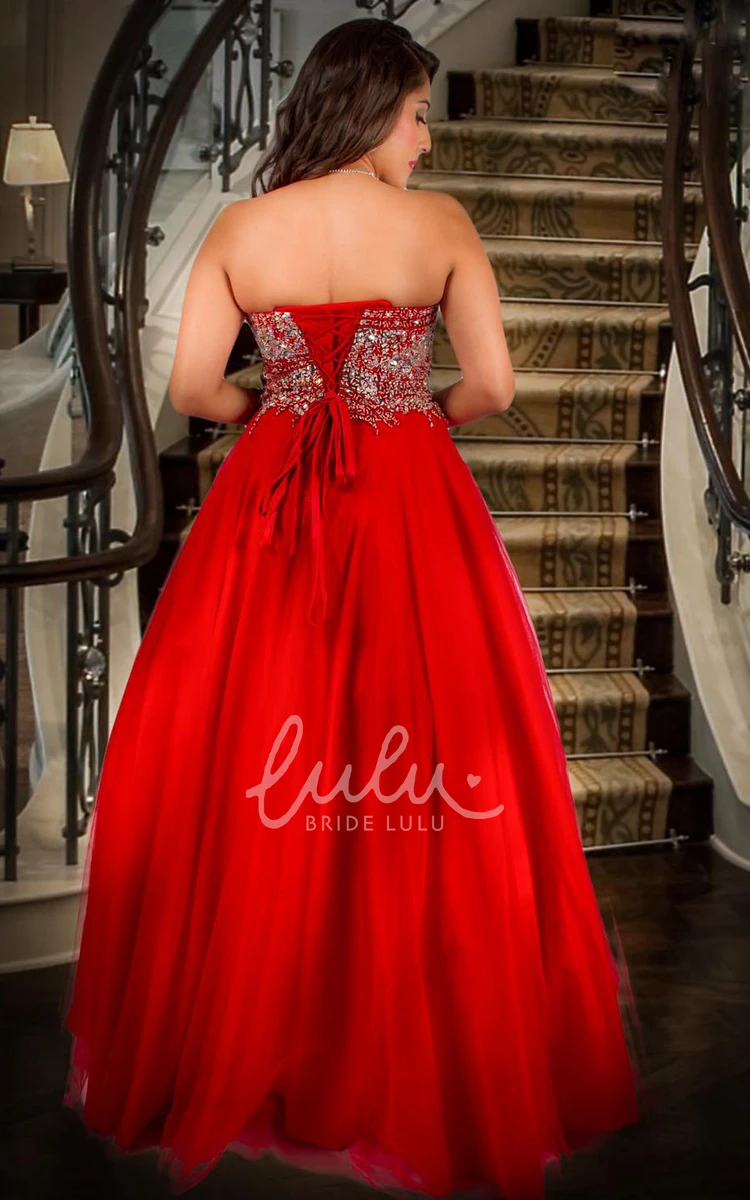 Beaded Tulle Prom Dress with Bow and Ruffles A-Line Floor-Length Sweetheart Women