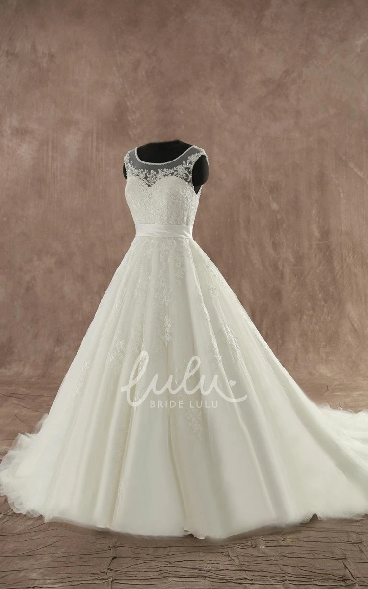 Jewel Sleeveless Button Back Lace Wedding Dress With Sash And Appliques