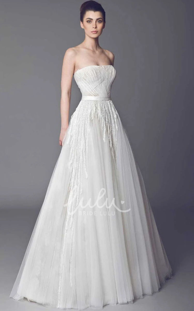 Ruched Strapless Tulle Wedding Dress with Brush Train and V-Back Modern Bridal Gown