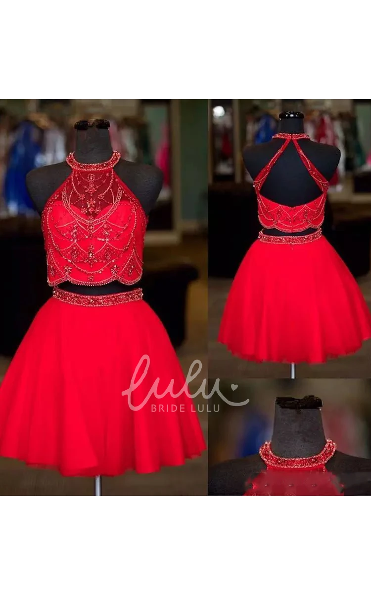 Two Piece Beaded Chiffon Homecoming Dress Short Mini Sleeveless Halter High Neck