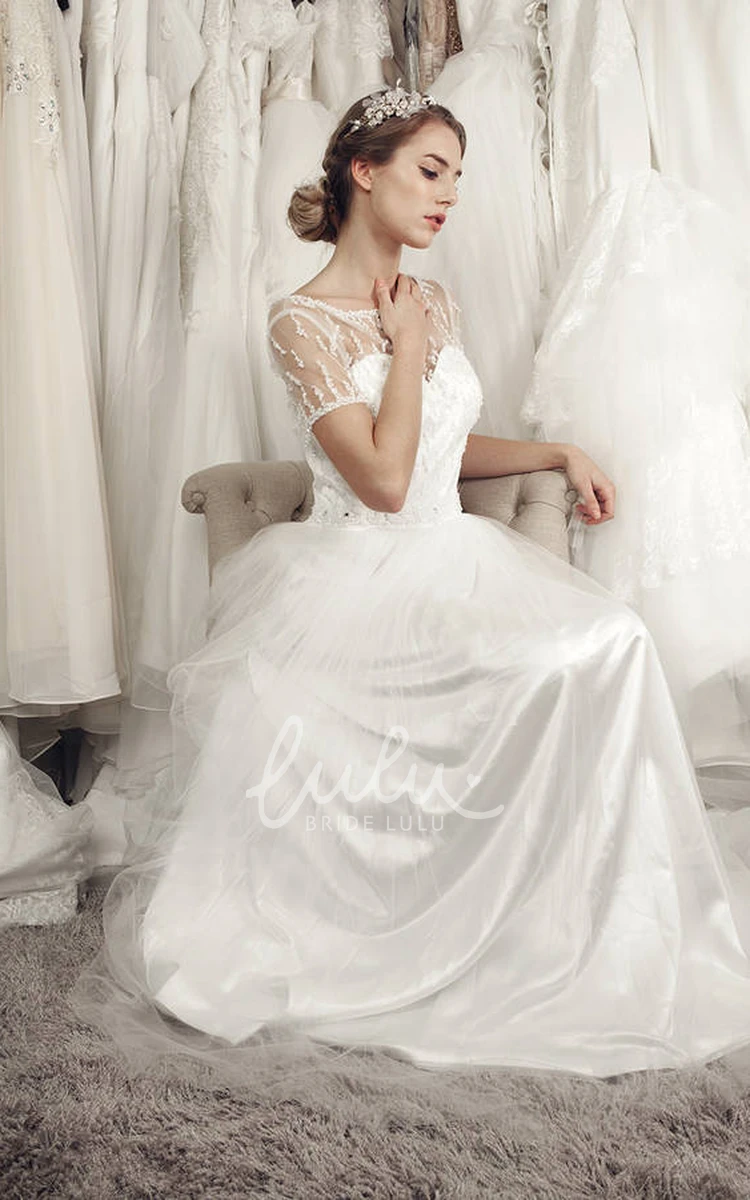 Beaded Tulle Short Sleeve Scoop Neck Wedding Dress