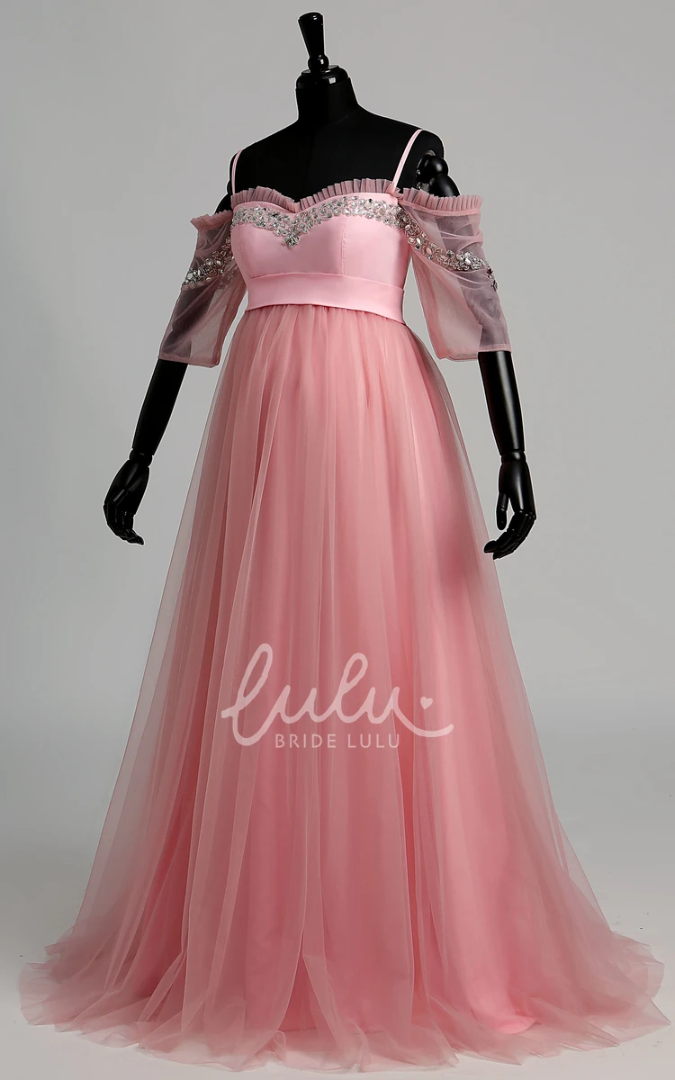 A-Line Maternity Dress with Tulle Fabric Sweep Brush Train Beading and Ruffles