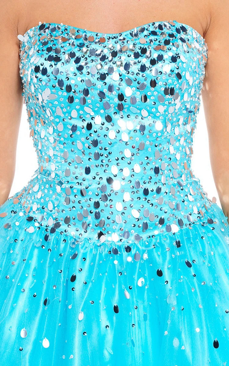 Sequined A-Line Strapless Tulle&Satin Prom Dress Sleeveless Floor Length