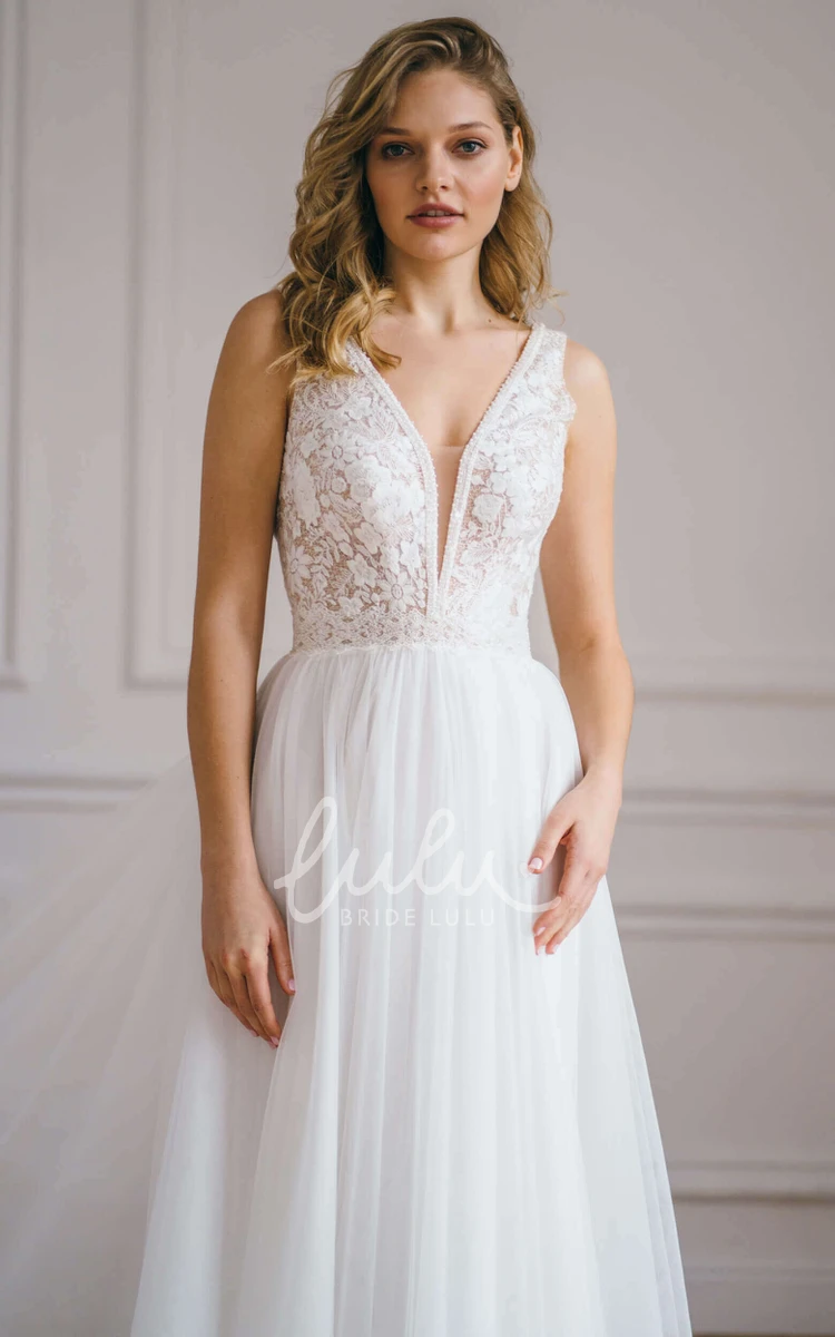 Modern A Line Tulle Plunging Neckline Wedding Dress Sleeveless