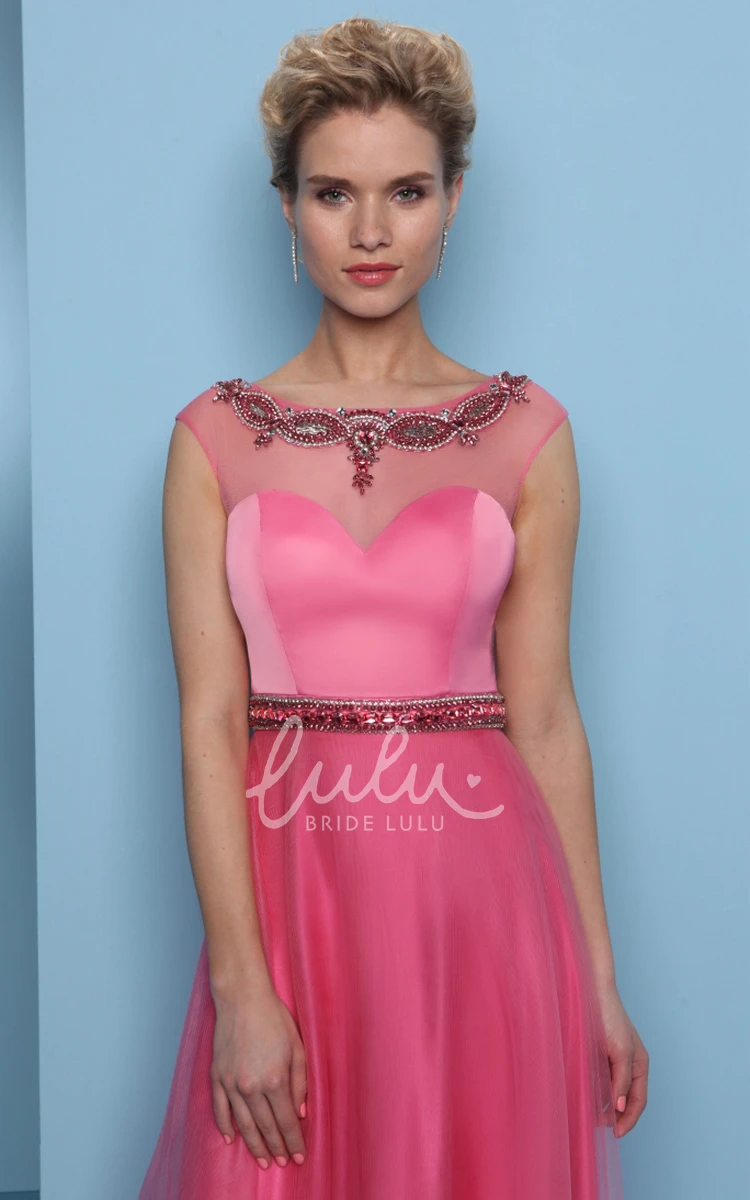 Long A-Line Prom Dress with Scoop-Neck Beaded Tulle & Satin and Waist Jewellery