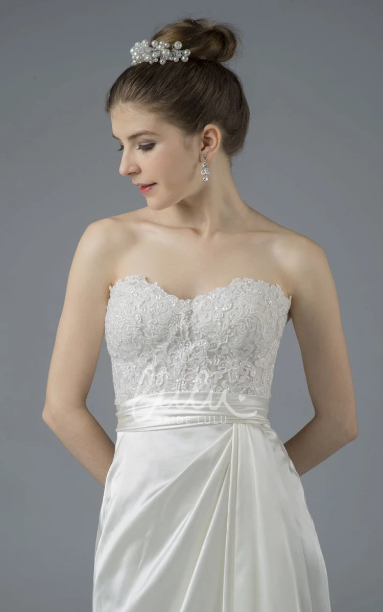 Draped Satin Sweetheart Gown with Lace Applique and Open Back Buttons