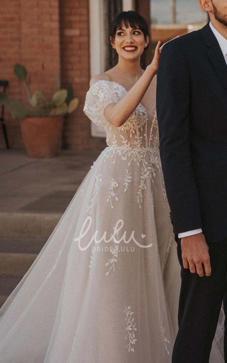 Modern A Line Tulle Wedding Dress Off-shoulder Train Romantic Garden