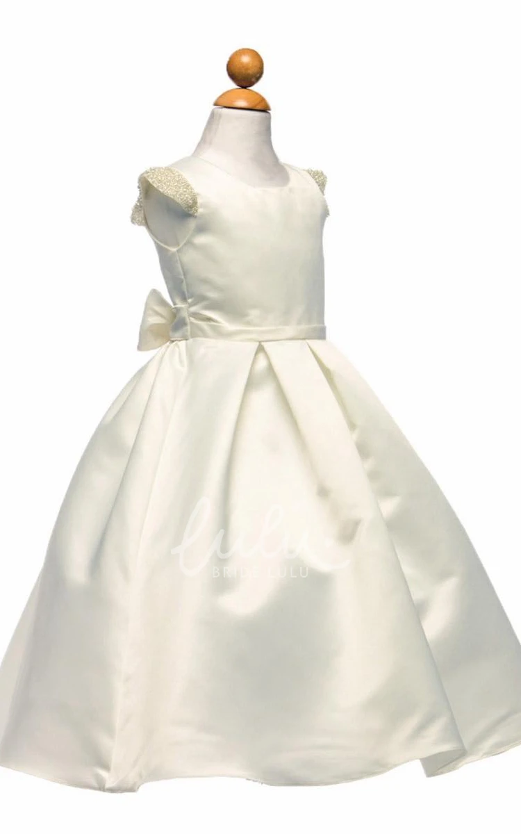 Satin Cap-Sleeve Tea-Length Flower Girl Dress with Pleats