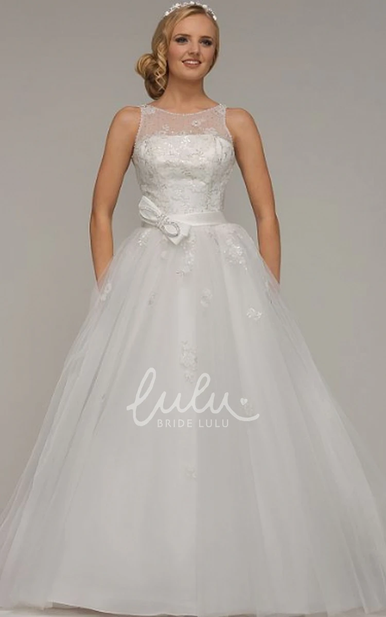 Beaded Tulle Ball Gown Wedding Dress with Appliques and Bow Scoop-Neck