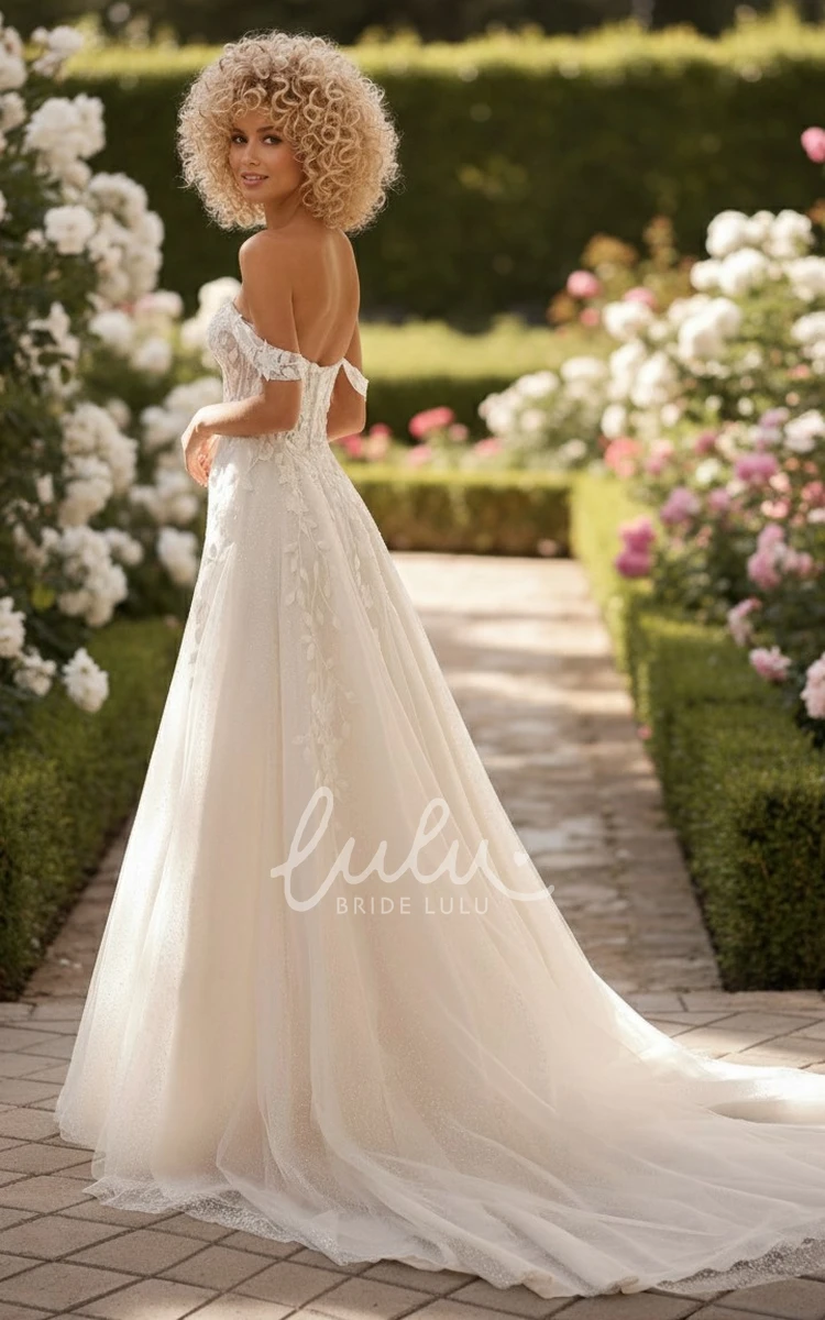 A Line Tulle Lace Wedding Dress Off Shoulder Plunge Neck Lace Applique Bridal Gown Elegant Train
