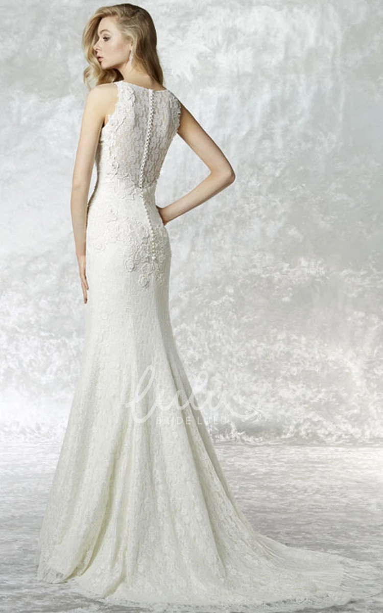 Lace Scoop Neck Wedding Dress with Illusion and Long Sleeves