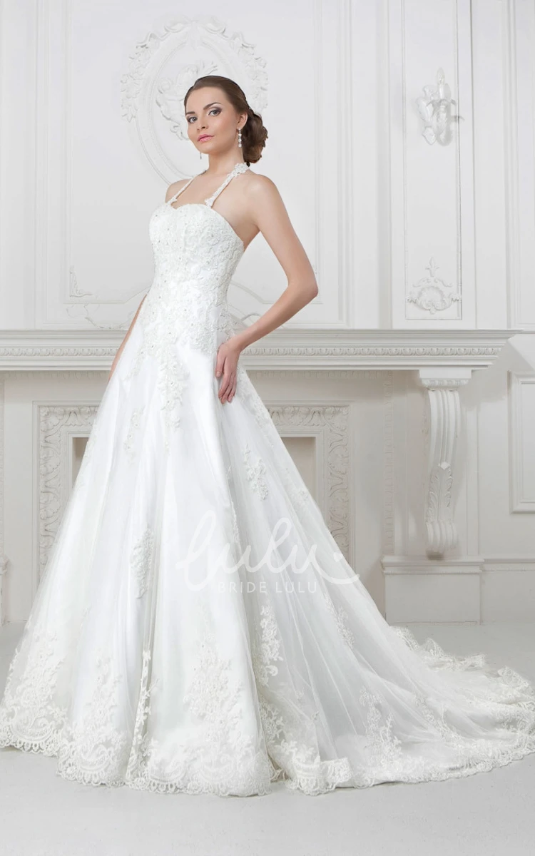 Spaghetti Appliqued Lace&Satin A-Line Wedding Dress Flowy Beach Bridal Gown