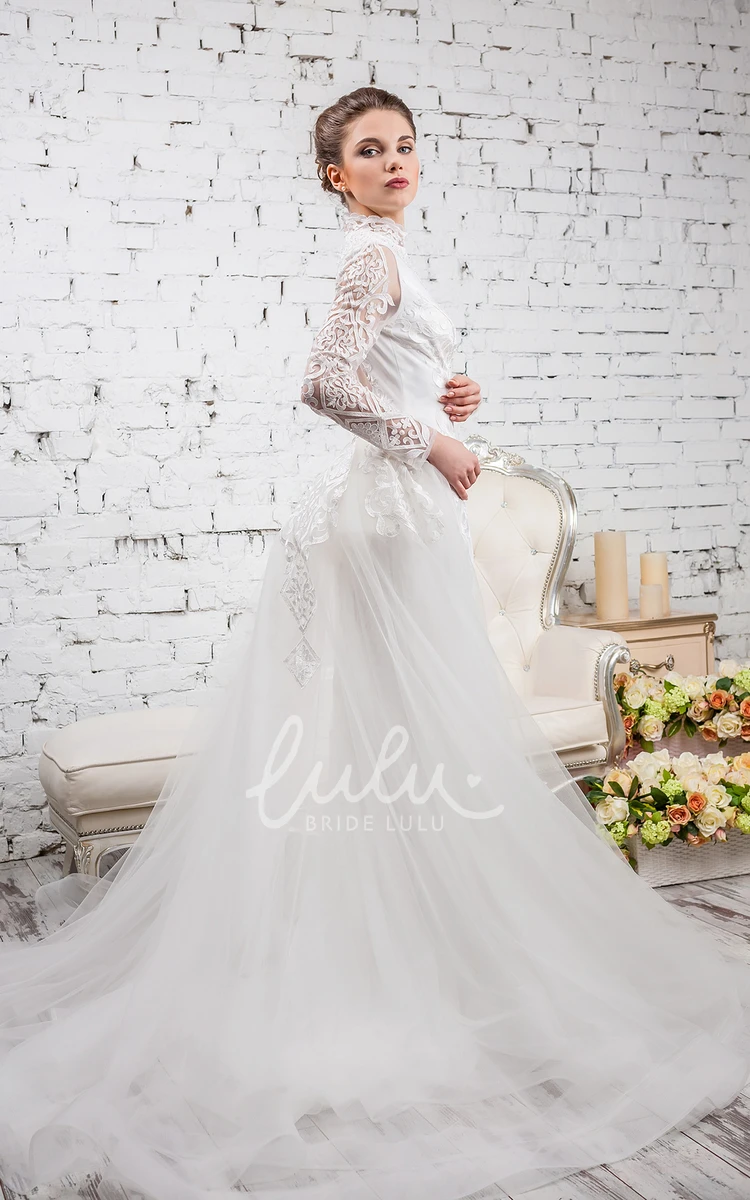 High-Neck Lace & Tulle Sheath Wedding Dress with Appliques