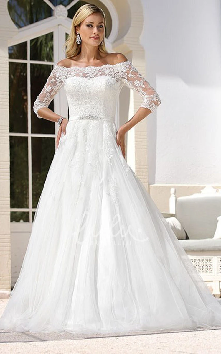Off-The-Shoulder Tulle Maxi A-Line Wedding Dress with 3-4-Sleeves and Appliques