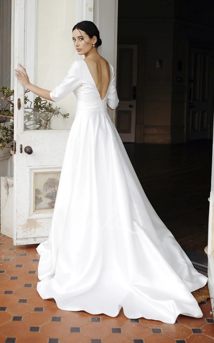 Elegant Satin V-Neck Wedding Dress with 3/4 Sleeves and Court Train