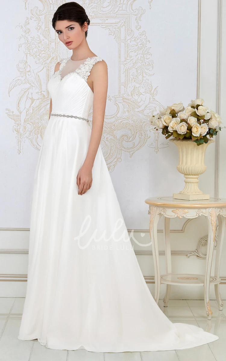 High-Neck Tulle&Satin Wedding Dress Sheath Floor-Length Ruched Appliques