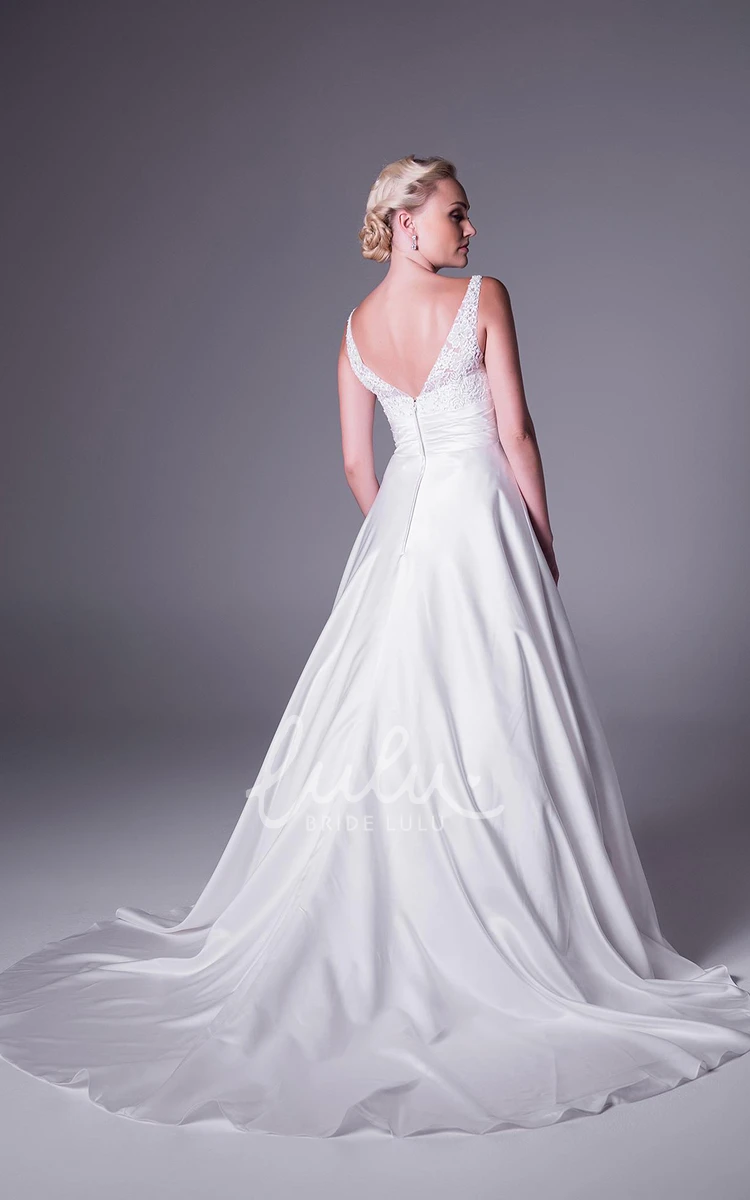 Satin A-Line Wedding Dress with V-Neck Appliques and Sleeveless Design