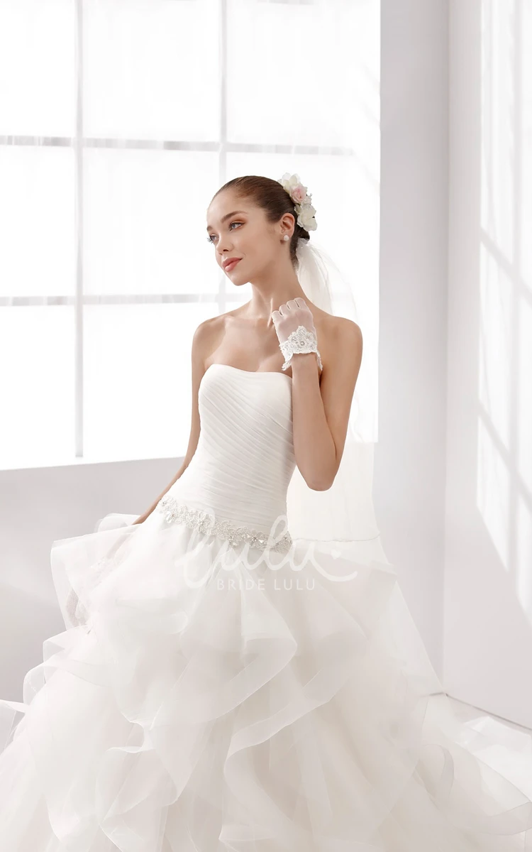 Pleated A-line Cascading Ruffles Wedding Dress with Strapless Design