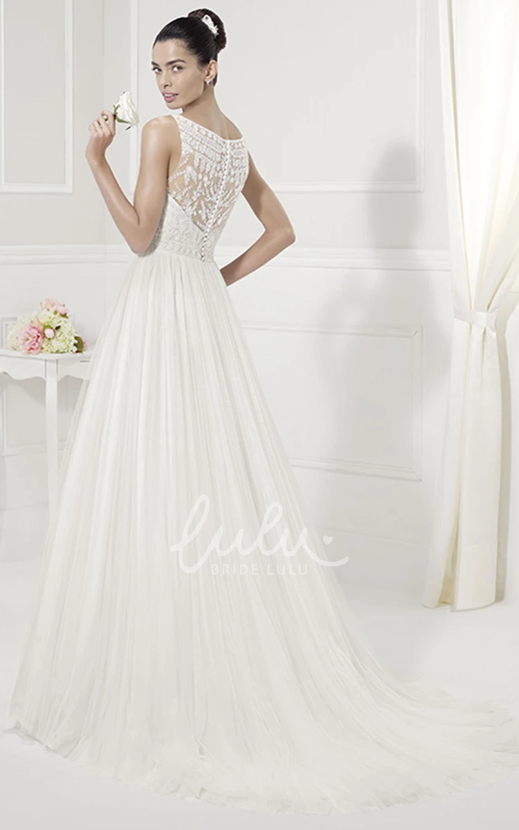 Appliqued Jewel Neckline Pleated Tulle Bridal Gown in A-Line Style