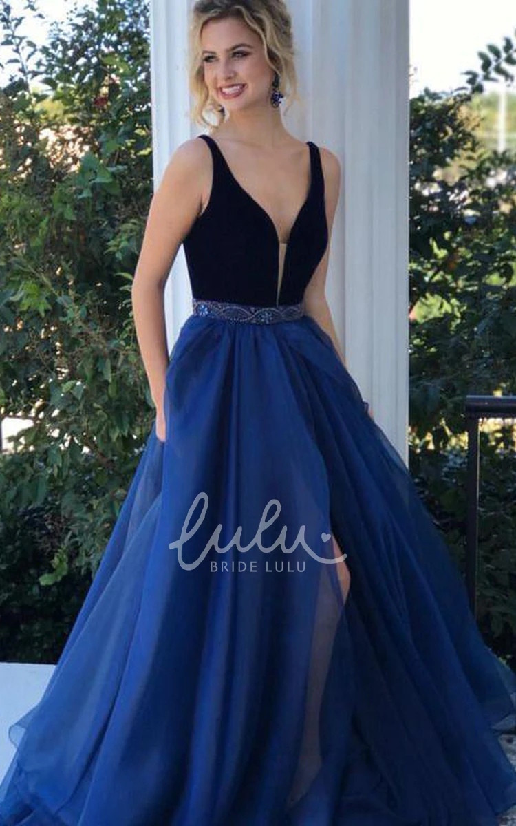 Sleeveless Tulle A-Line V-Neck Evening Dress with Beading Formal Dress