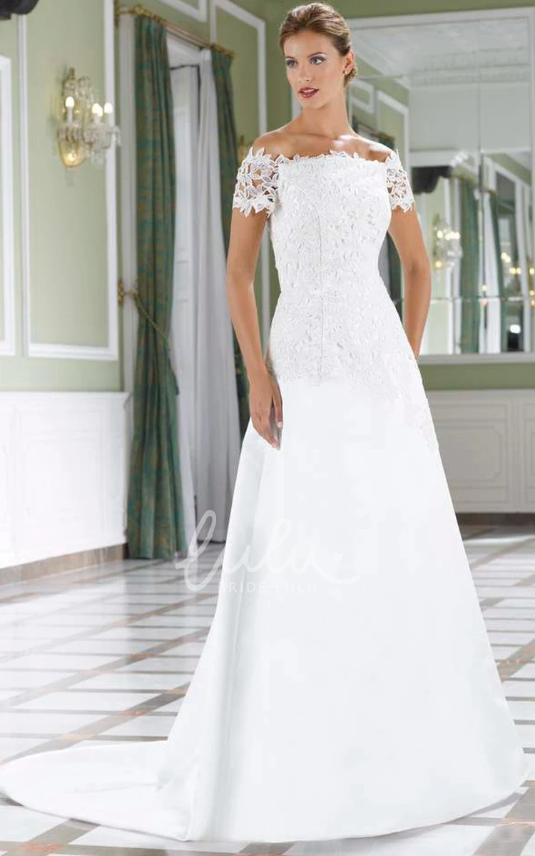 Off-The-Shoulder Lace A-Line Wedding Dress with Floor-Length Satin Skirt Boho Wedding Dress