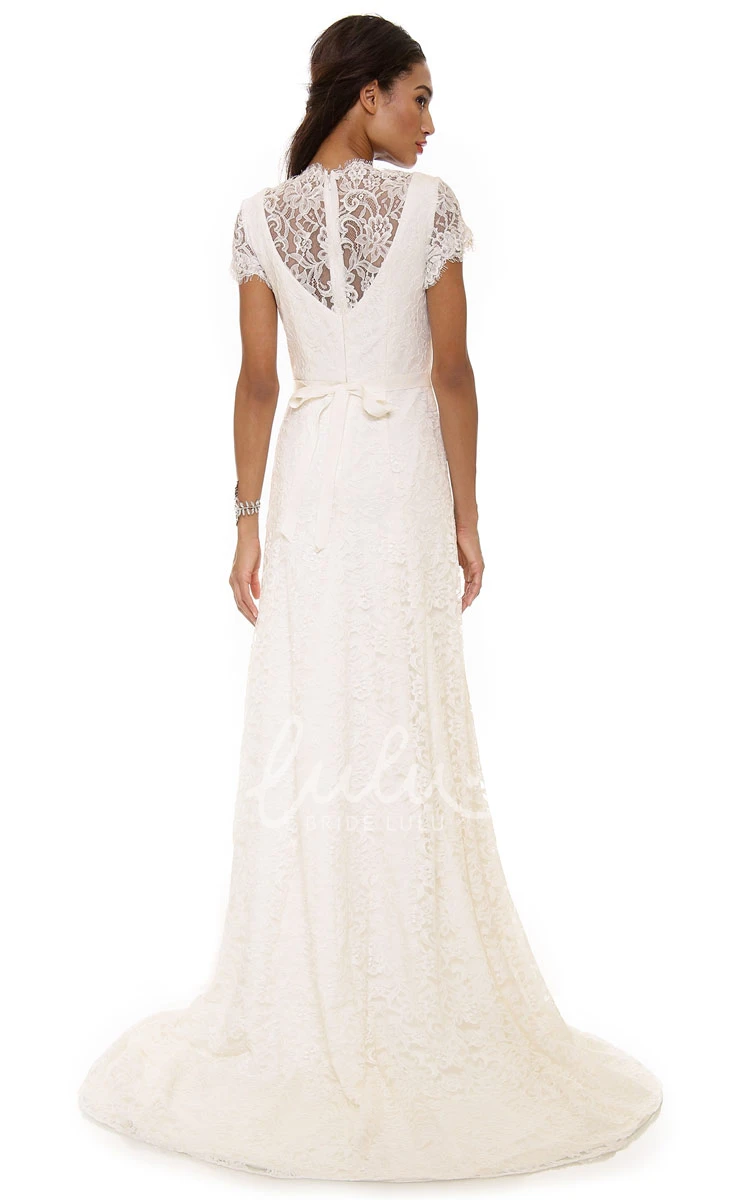 A-line Lace Sweep Floor Dress with Low-V Back Boho Wedding Dress