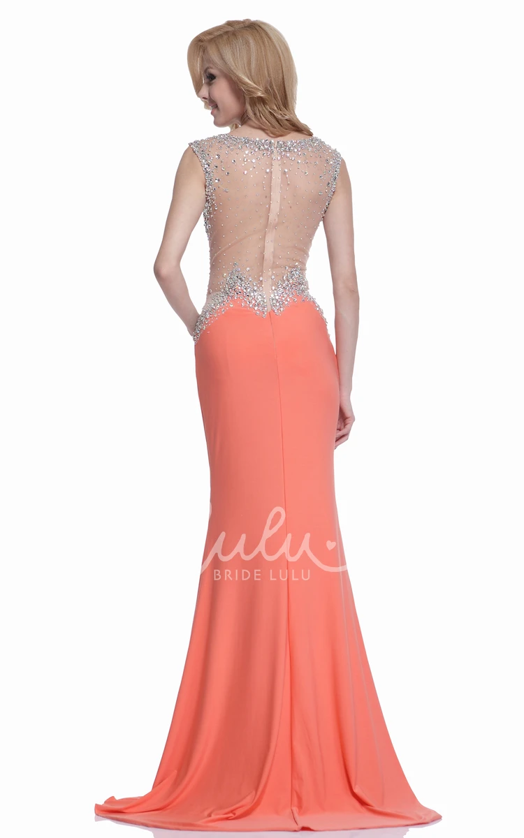 Sleeveless Jersey Illusion Formal Dress with Beading and Scoop Neck