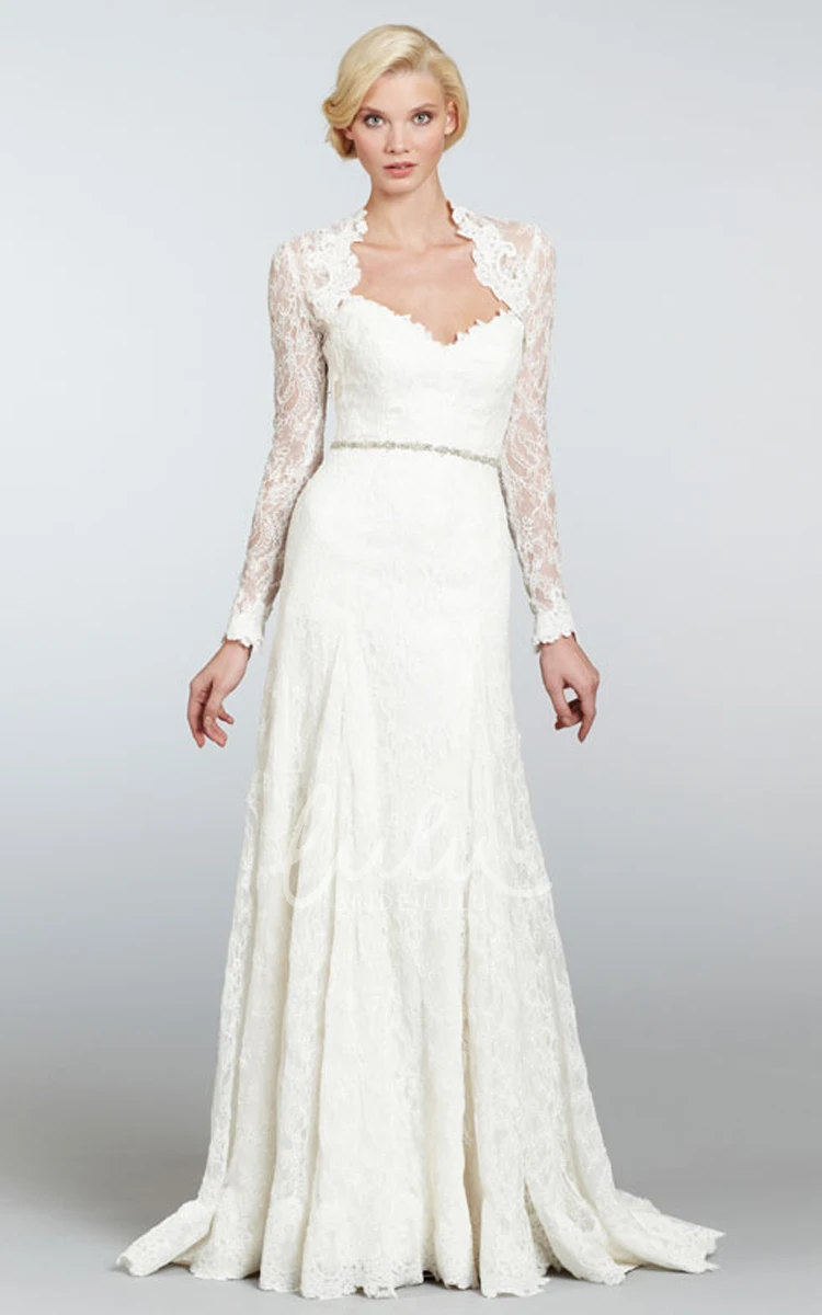 Long Lace Dress with Detachable Long Sleeve Lace Bolero Vintage Long Sleeve Lace Wedding Dress