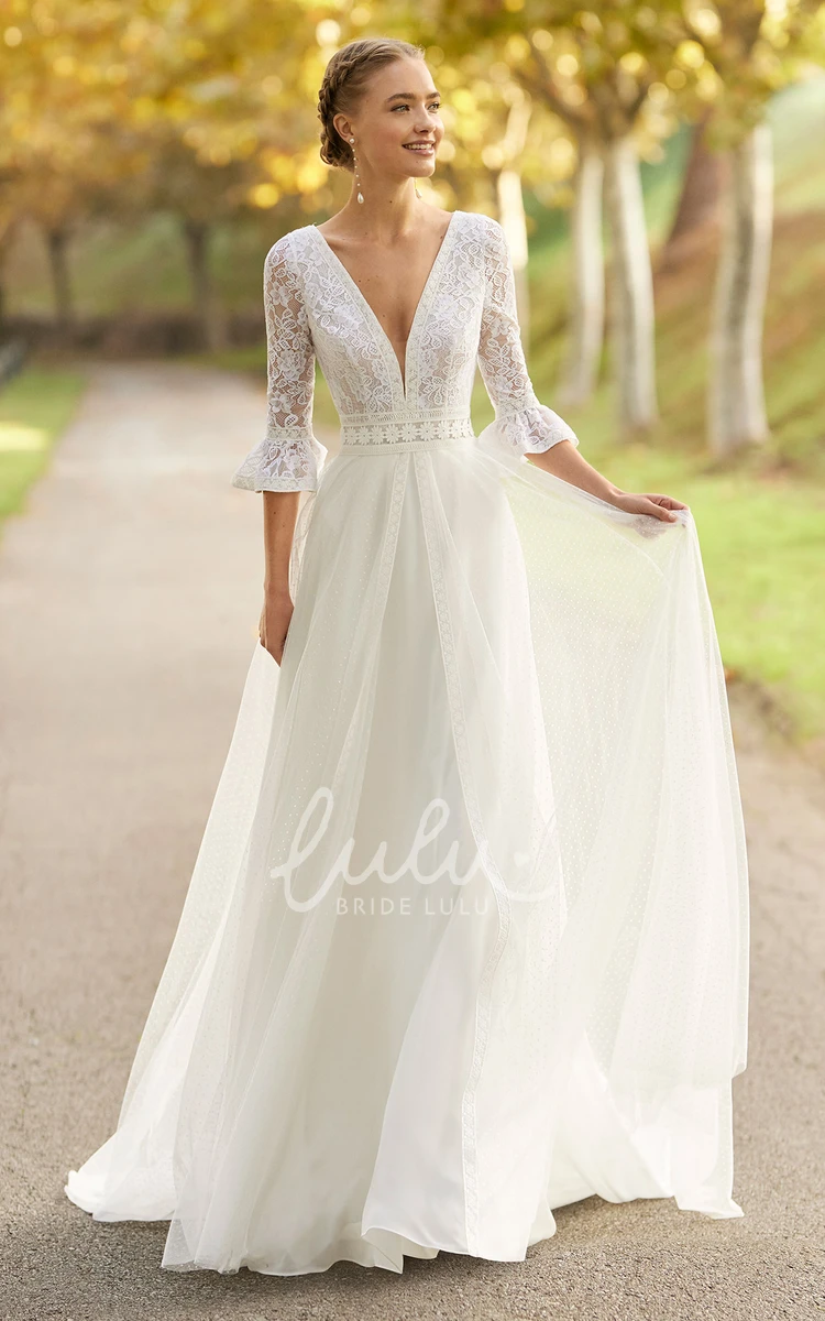 Bohemian Tulle Wedding Dress with Appliques A-Line V-Neck