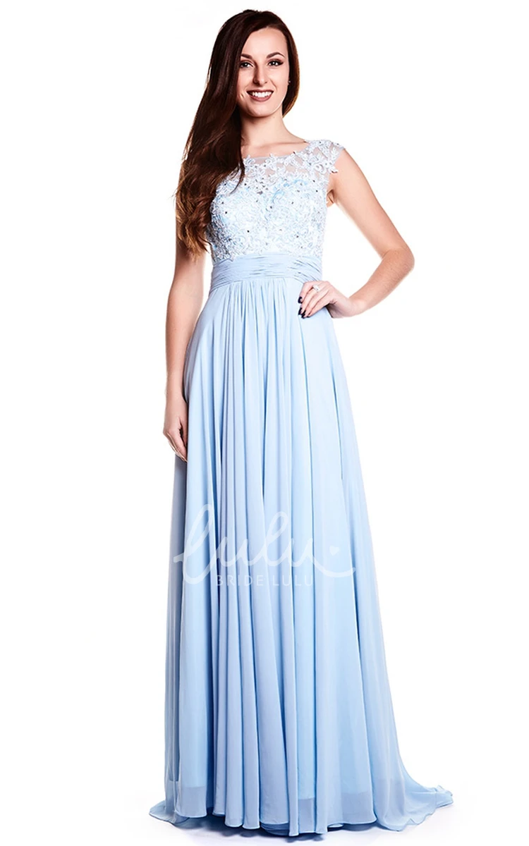 Appliqued Chiffon Cap Sleeve Prom Dress with Illusion Back Classy Prom Dress