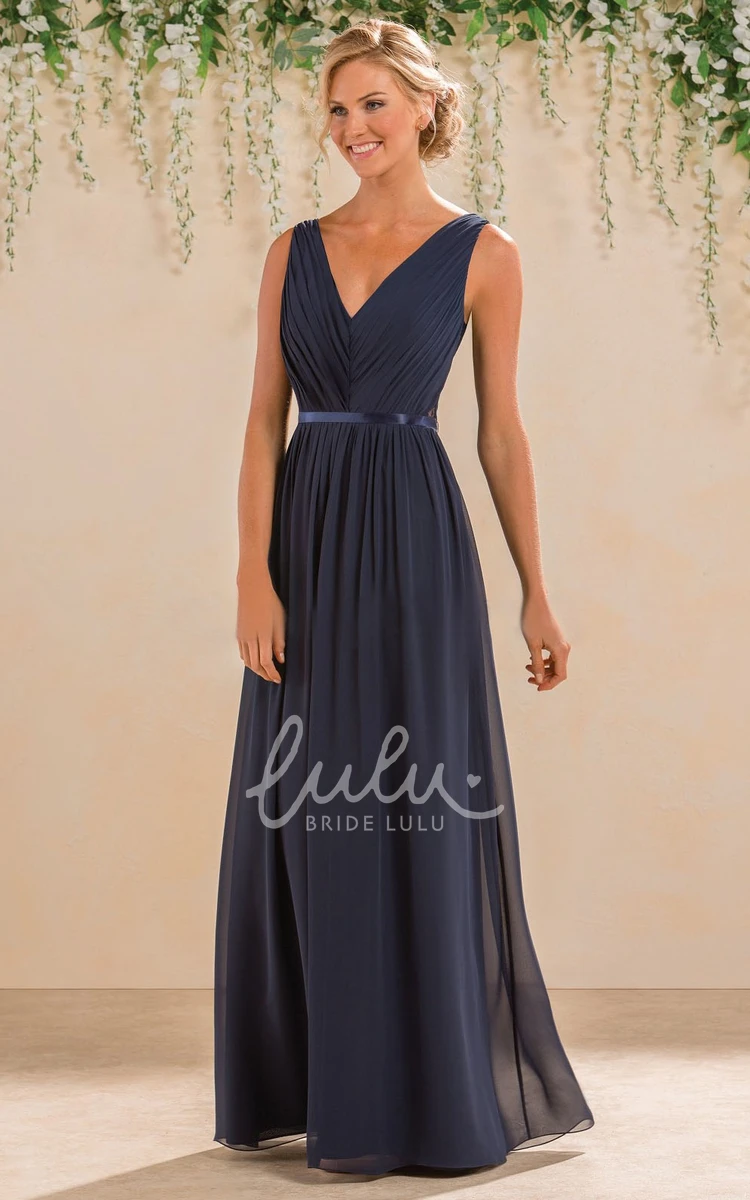 Sleeveless V-Neck A-Line Bridesmaid Dress with Lace Back and Pleats Classy Dress