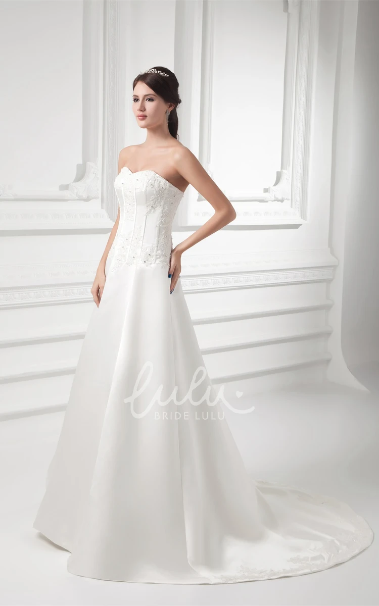 Appliqued Sweetheart Satin A-Line Wedding Gown Classy Bridal Dress Women