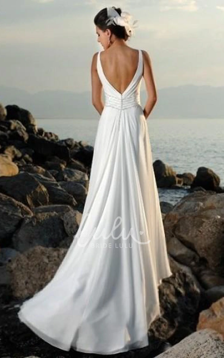 Sleeveless Chiffon Beach Wedding Dress with Empire V-Neck and Court Train