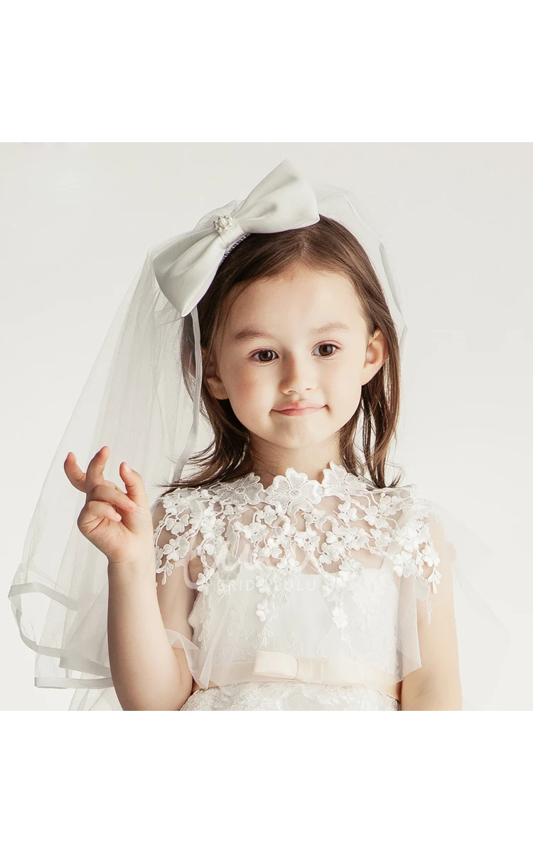 Beaded Bow Tulle Flower Girl Veil Wedding Accessory for Girls