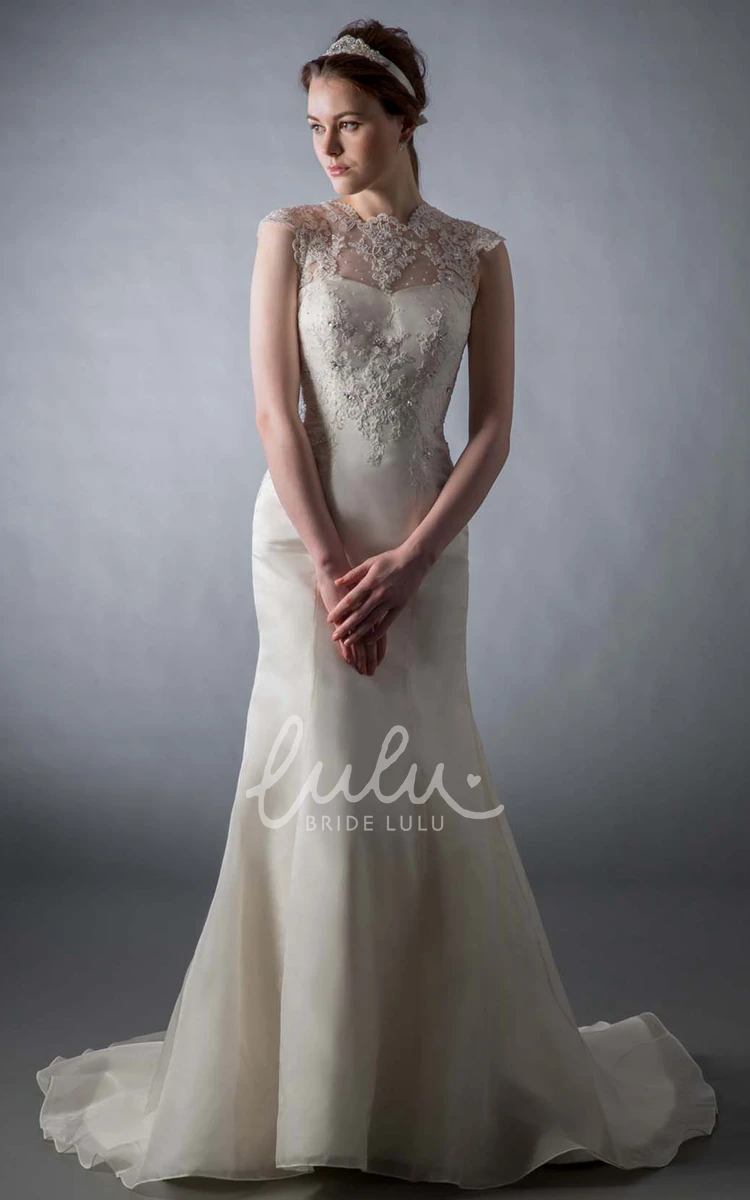 Cap-Sleeve Jewel Satin Sheath Wedding Dress with Illusion Back and Beading