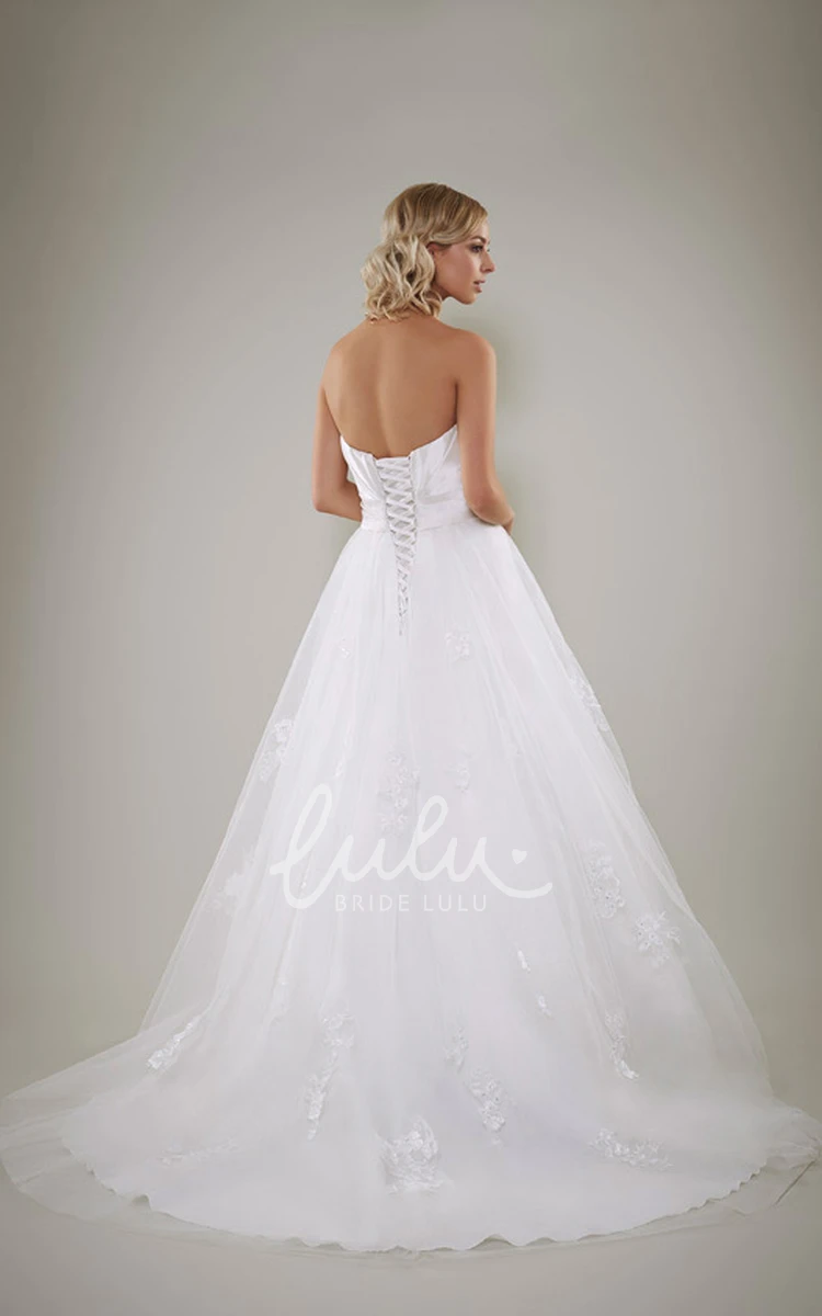 Beaded A-Line Strapless Satin Wedding Dress with Appliques and Lace-Up Back