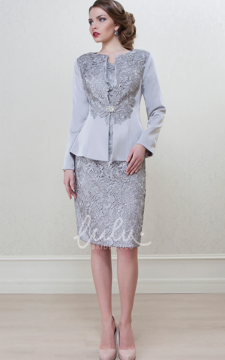 Bateau Neck Satin Knee-Length Mother Of The Bride Dress with Applique and Long Sleeve