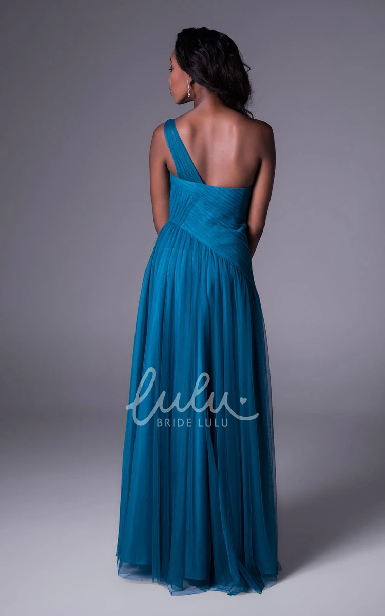 One-Shoulder Ruched Tulle Bridesmaid Dress Flowy Floor-Length Dress