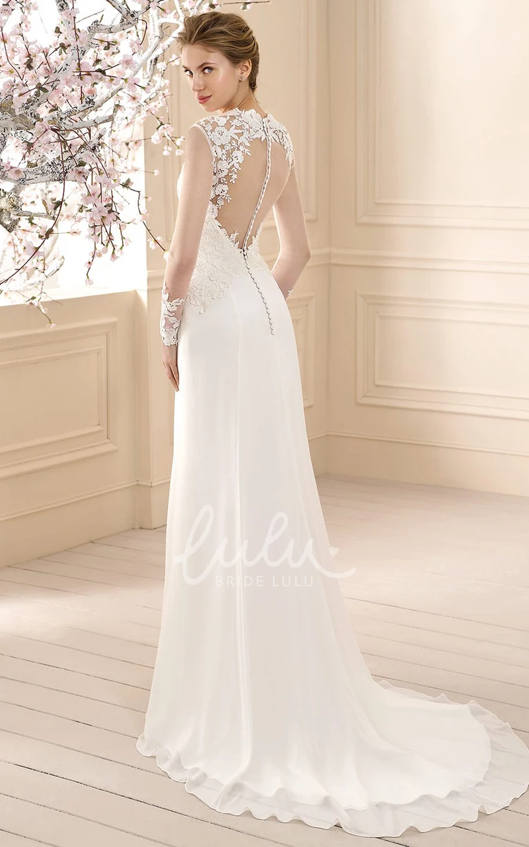 Long-Sleeve Chiffon Sheath Wedding Dress With Appliques and Floor-Length