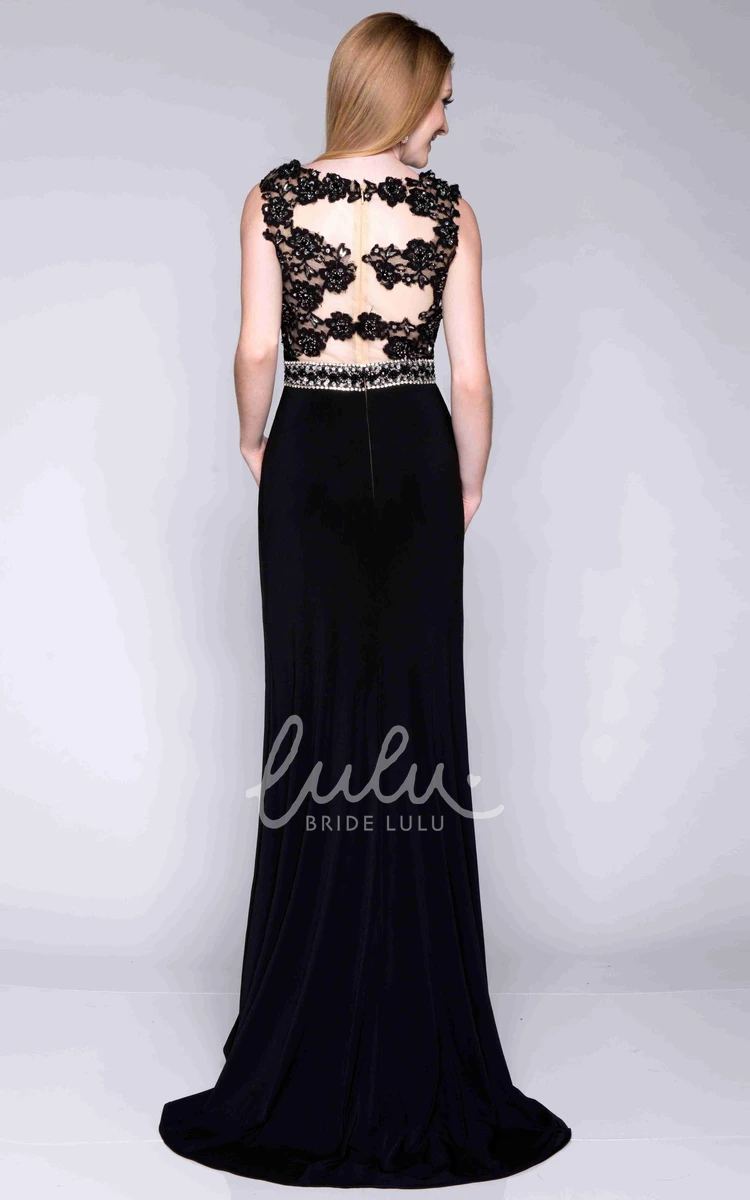 Beaded Lace Sleeveless Prom Dress Jersey Material with Side Slit