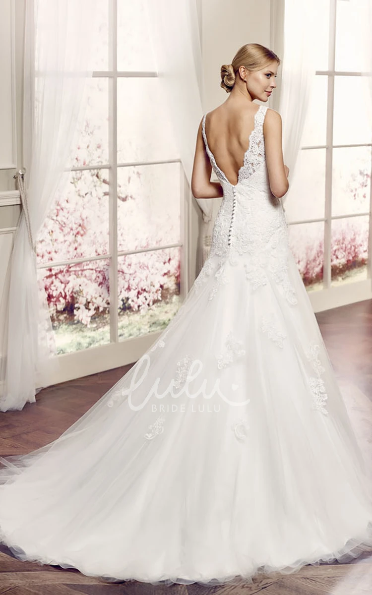 Appliqued Lace V-Neck Wedding Dress with Court Train A-Line Sleeveless